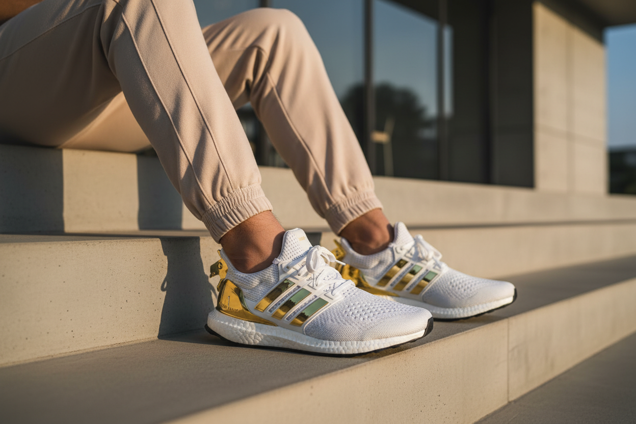 Premium editorial lifestyle shot - Adidas Ultraboost 1.0 Fortnite shoes on modern cafe veranda