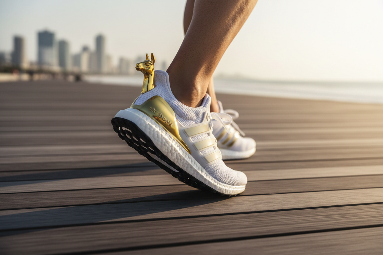 Premium lifestyle action shot of Adidas Ultraboost 1.0 Fortnite shoes