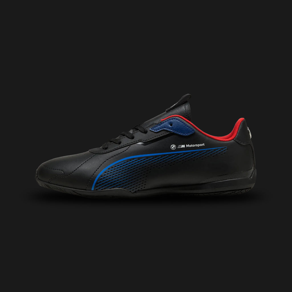 Puma BMW M Motorsport Neo Cat 3.0 unisex sneakers in Puma Black and Pop Red (309087_01). Features a sleek, low-profile synthetic leather upper inspired by high-performance driving shoes. Includes the official BMW M Motorsport branding, striking Pop Red racing accents, a comfortable cushioned footbed, and a thin, tactile rubber outsole designed for pedal control and street-ready style. Luxuntique guarantees 100% authentic Puma footwear in Sri Lanka.