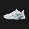 Puma Disperse XT 4 training shoes in Puma White and Baltic Sea Blue (310798_29). Features a lightweight, breathable white mesh upper with striking Baltic Sea Blue accents. Includes a responsive EVA midsole for cushioning, forefoot flex grooves for agility, and a zoned rubber outsole for reliable gym traction. Luxuntique guarantees 100% authentic Puma footwear in Sri Lanka.