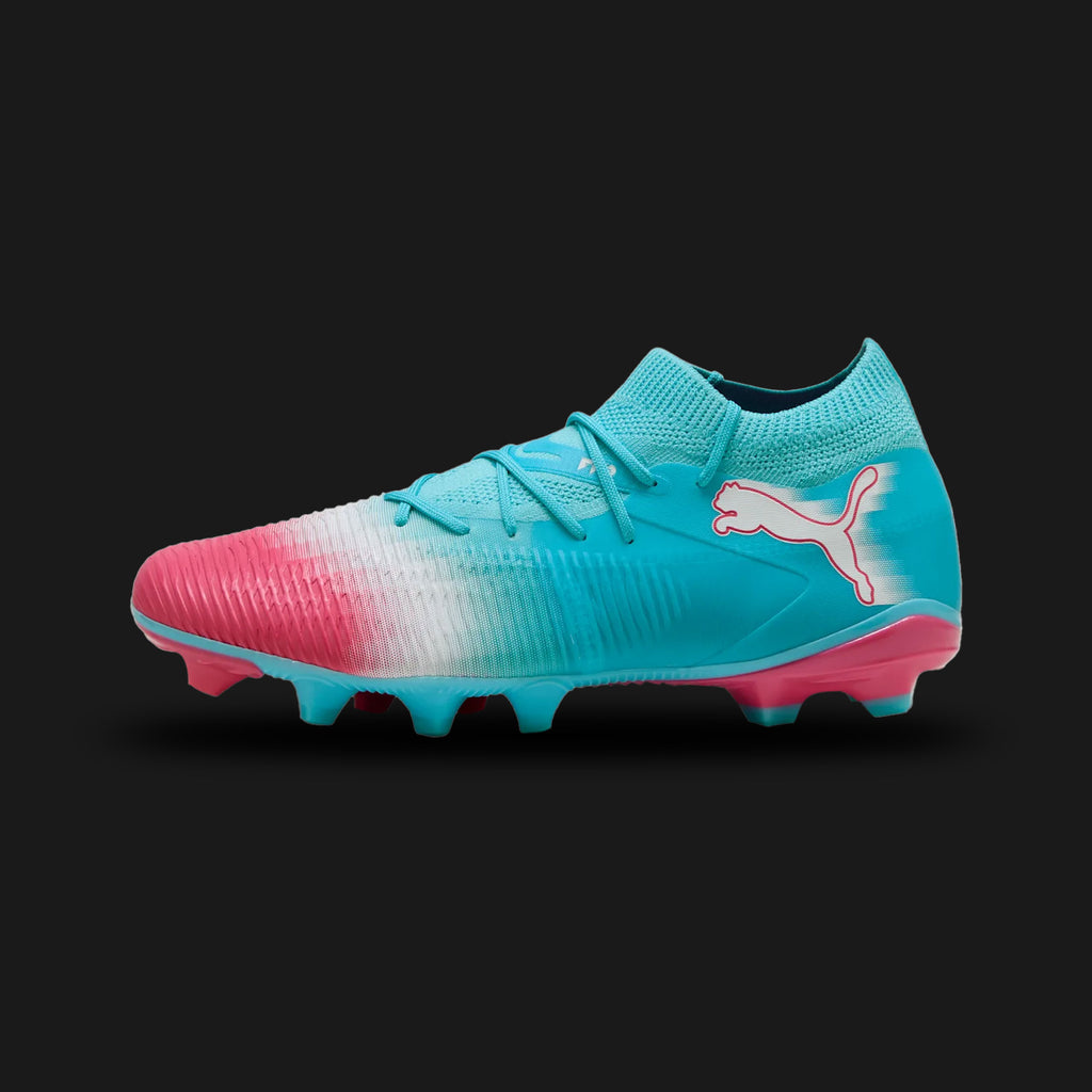 Puma Future 8 Match Re-Charge FG/AG unisex football boots in Hero Blue, Puma White, and Sunset Pink (108759_01). Features an adaptive mid-cut mesh upper, engineered 3D texturing for superior ball control, and a reactive Dynamic Motion System outsole for elite traction on Firm Ground and Artificial Ground. Luxuntique guarantees 100% authentic Puma footwear in Sri Lanka.