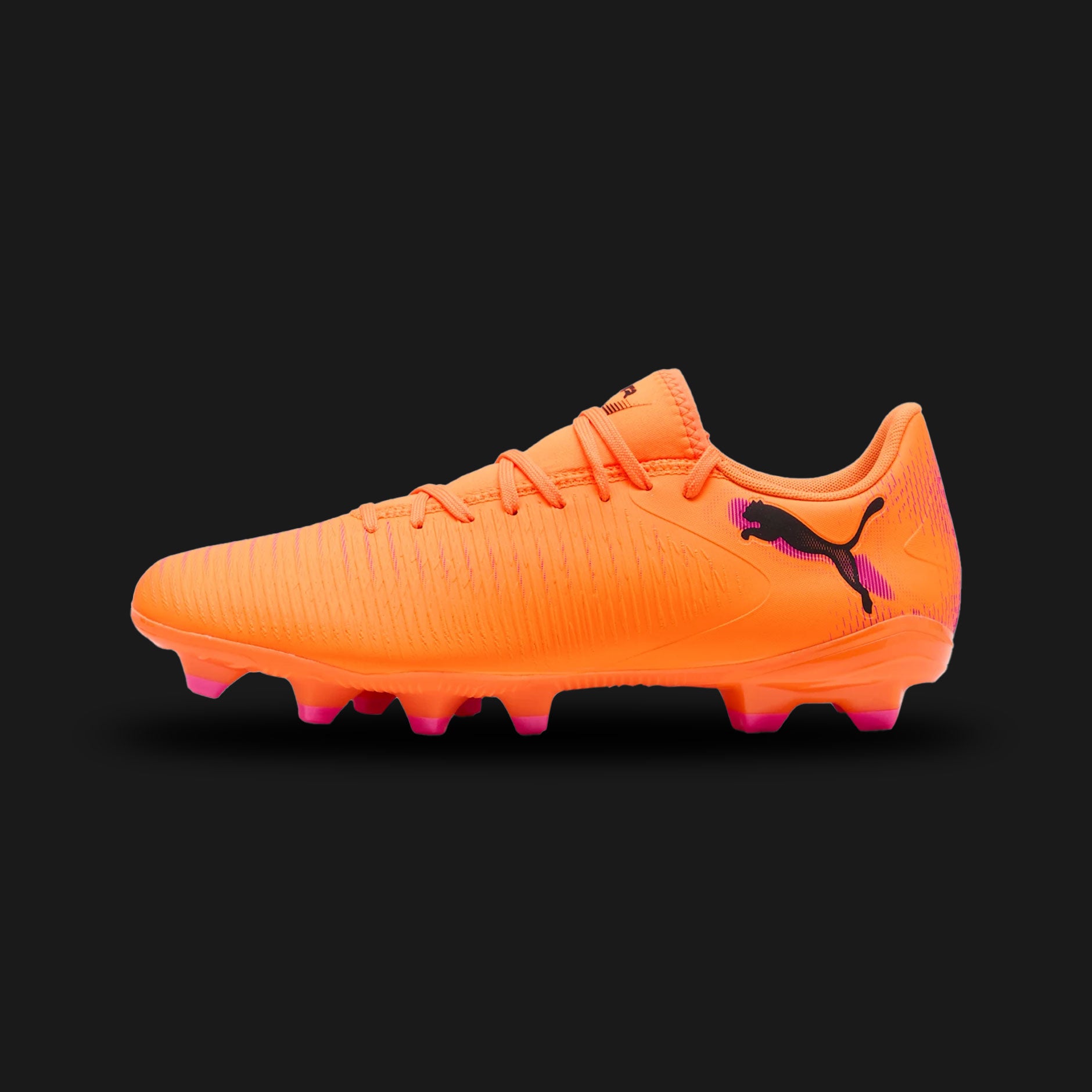 Puma Future 8 Play FG/AG unisex football boots in Heat Fire, Puma Black, and Ravish (108602_03). Features a soft, durable synthetic upper for comfort and longevity. Includes engineered texturing at key contact zones for enhanced ball grip, bold Puma Black branding, and a versatile Dynamic Motion System outsole for reliable traction on Firm Ground and Artificial Ground. Luxuntique guarantees 100% authentic Puma footwear in Sri Lanka.
