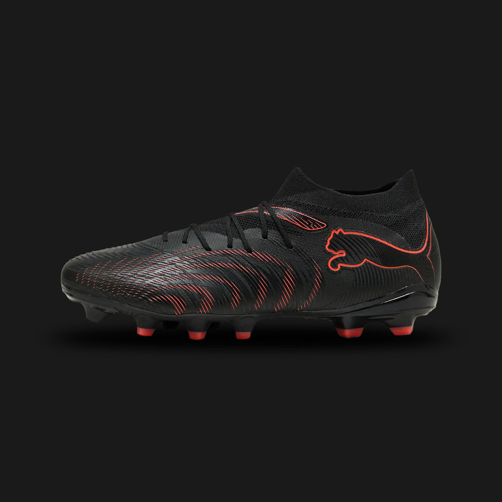 Puma Future 9 Match FG/AG unisex football boots in Puma Black, Glowing Red, and Strong Gray (108713_02). Features an adaptive engineered mesh upper with FUZIONFIT technology for a secure, supportive fit. Includes engineered texturing for enhanced ball grip, striking Glowing Red accents, and a Dynamic Motion System outsole for elite traction on Firm Ground and Artificial Ground. Luxuntique guarantees 100% authentic Puma footwear in Sri Lanka.
