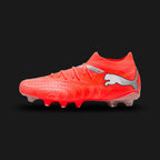 Puma Future 9 Match FG/AG unisex football boots in Glowing Red, Puma White, Puma Black, and Puma Silver (108713_01). Features an adaptive engineered mesh upper with FUZIONFIT technology for a secure, supportive fit. Includes engineered texturing for enhanced ball grip, striking White and Silver accents, and a Dynamic Motion System outsole for elite traction on Firm Ground and Artificial Ground. Luxuntique guarantees 100% authentic Puma footwear in Sri Lanka.