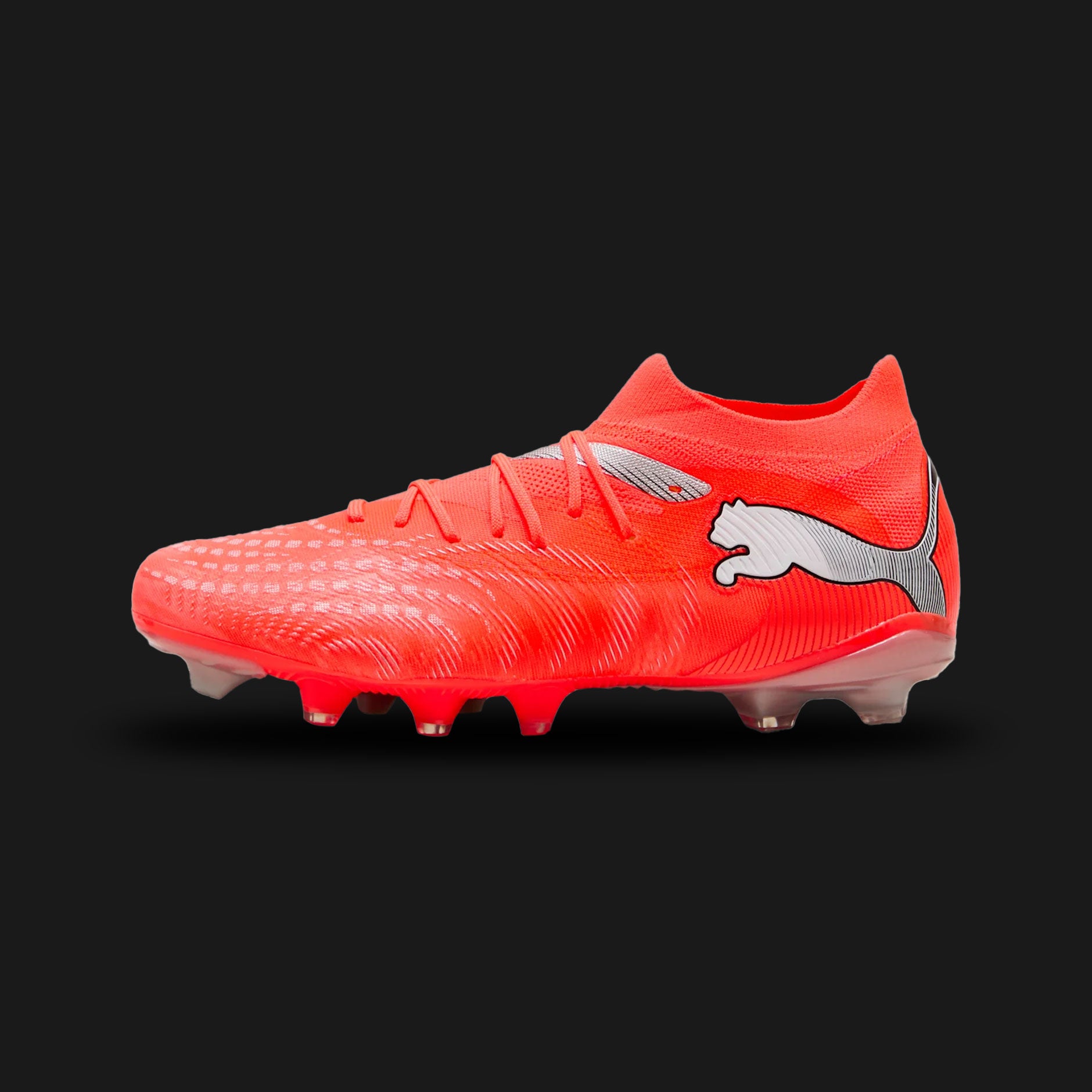 Puma Future 9 Match FG/AG unisex football boots in Glowing Red, Puma White, Puma Black, and Puma Silver (108713_01). Features an adaptive engineered mesh upper with FUZIONFIT technology for a secure, supportive fit. Includes engineered texturing for enhanced ball grip, striking White and Silver accents, and a Dynamic Motion System outsole for elite traction on Firm Ground and Artificial Ground. Luxuntique guarantees 100% authentic Puma footwear in Sri Lanka.