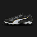 Puma King 20 Match FG/AG unisex football boots in Puma Black, Puma White, and Puma Gold (108465_02). Features a supple, premium black synthetic upper designed for classic ball touch and control. Includes a crisp White Puma formstrip, regal Puma Gold branding, a comfortable standard tongue construction, and a lightweight TPU outsole with conical studs for Firm Ground and Artificial Ground. Luxuntique guarantees 100% authentic Puma footwear in Sri Lanka.