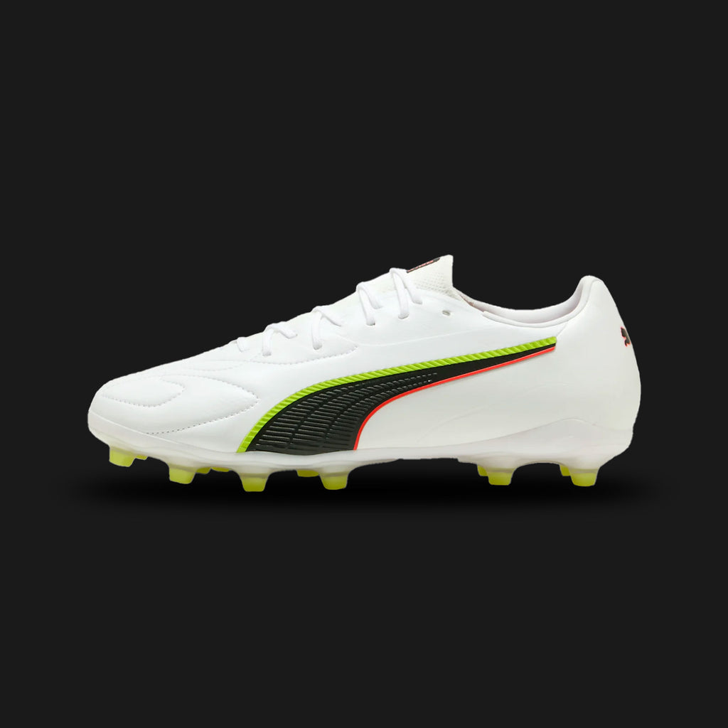 Puma King 20 Match FG/AG unisex football boots in Puma White, Glowing Red, and Yellow Alert (108465_01). Features a supple, premium synthetic upper designed for classic ball touch and control. Includes vibrant Glowing Red and Yellow Alert accents, a comfortable standard tongue construction, and a lightweight TPU outsole with conical studs for elite Firm Ground and Artificial Ground traction. Luxuntique guarantees 100% authentic Puma footwear in Sri Lanka.