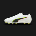 Puma King 20 Match FG/AG unisex football boots in Puma White, Glowing Red, and Yellow Alert (108465_01). Features a supple, premium synthetic upper designed for classic ball touch and control. Includes vibrant Glowing Red and Yellow Alert accents, a comfortable standard tongue construction, and a lightweight TPU outsole with conical studs for elite Firm Ground and Artificial Ground traction. Luxuntique guarantees 100% authentic Puma footwear in Sri Lanka.