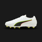 Puma King 20 Match FG/AG unisex football boots in Puma White, Glowing Red, and Yellow Alert (108465_01). Features a supple, premium synthetic upper designed for classic ball touch and control. Includes vibrant Glowing Red and Yellow Alert accents, a comfortable standard tongue construction, and a lightweight TPU outsole with conical studs for elite Firm Ground and Artificial Ground traction. Luxuntique guarantees 100% authentic Puma footwear in Sri Lanka.