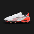 Puma King Match FG/AG unisex football boots in Puma White, Puma Silver, and Glowing Red (108832_01). Features a super soft synthetic upper for superior ball control. Includes a comfortable low-cut slip-on construction, Silver Puma formstrip, Glowing Red accents, and a lightweight TPU outsole with conical studs for agile play on Firm Ground and Artificial Ground. Luxuntique guarantees 100% authentic Puma footwear in Sri Lanka.