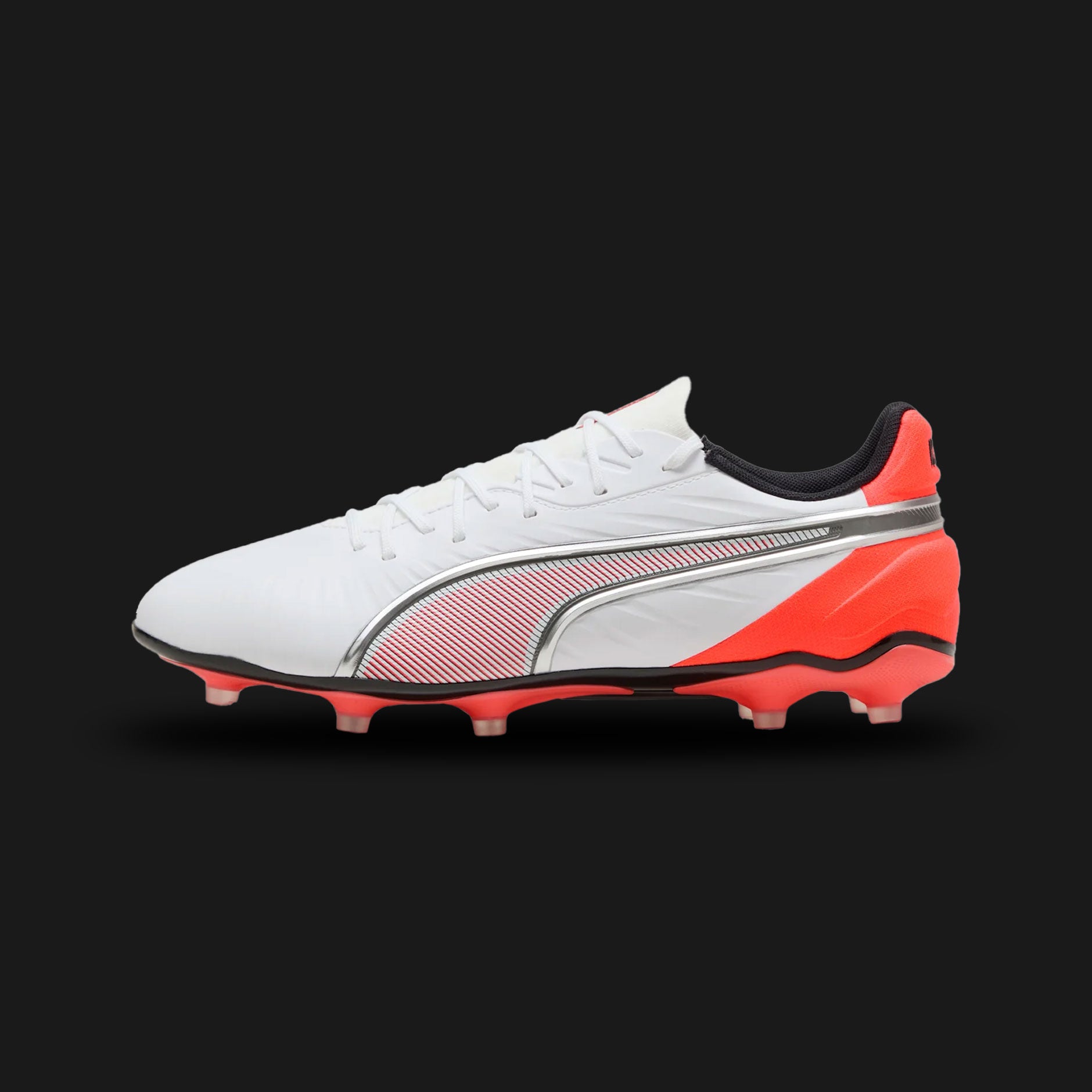 Puma King Match FG/AG unisex football boots in Puma White, Puma Silver, and Glowing Red (108832_01). Features a super soft synthetic upper for superior ball control. Includes a comfortable low-cut slip-on construction, Silver Puma formstrip, Glowing Red accents, and a lightweight TPU outsole with conical studs for agile play on Firm Ground and Artificial Ground. Luxuntique guarantees 100% authentic Puma footwear in Sri Lanka.