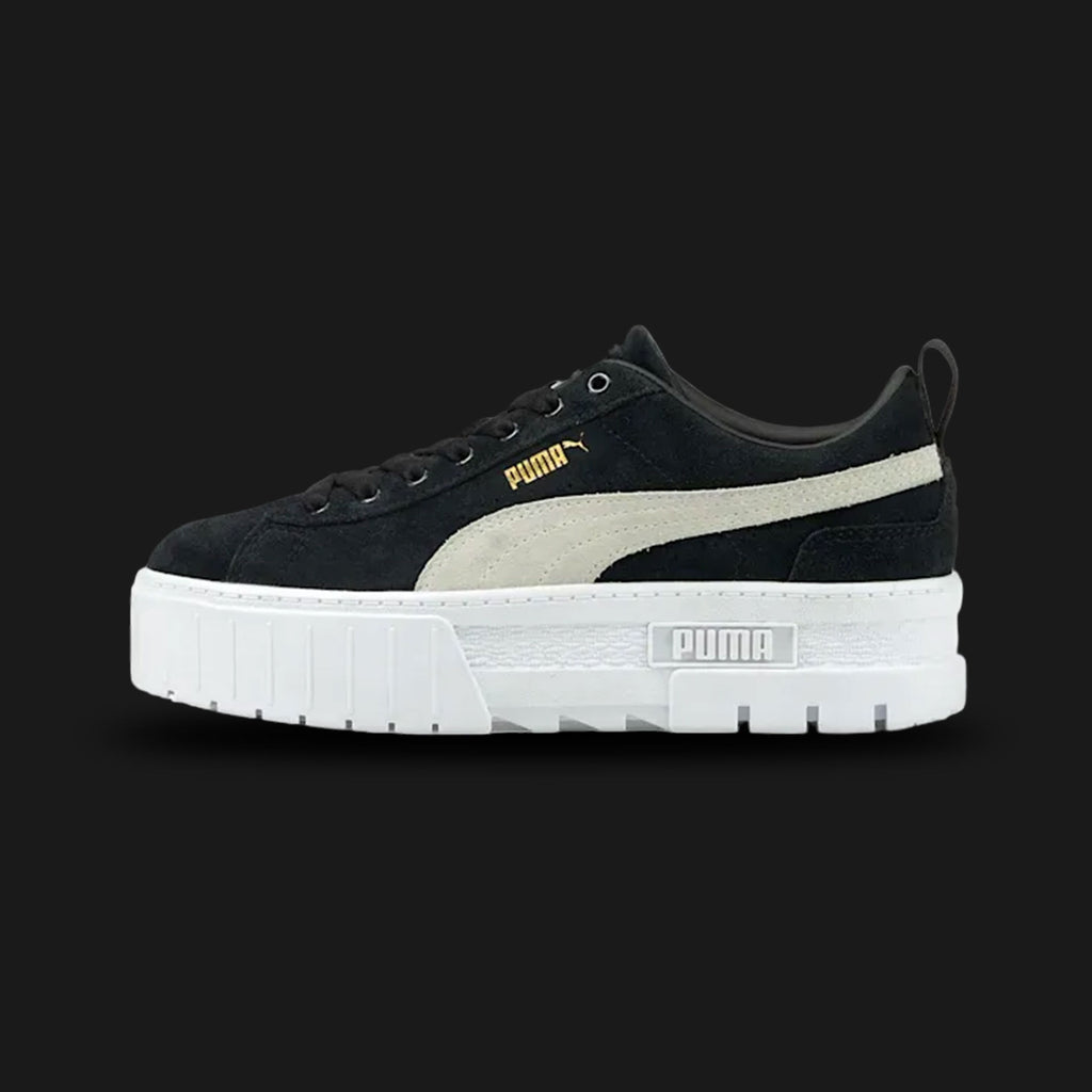 Black and white Puma Mayze Women's sneaker (Design code: 380784-01) on a white background. Luxuntique offers 100% authentic Puma Mayze platform sneakers at the lowest prices in Sri Lanka.