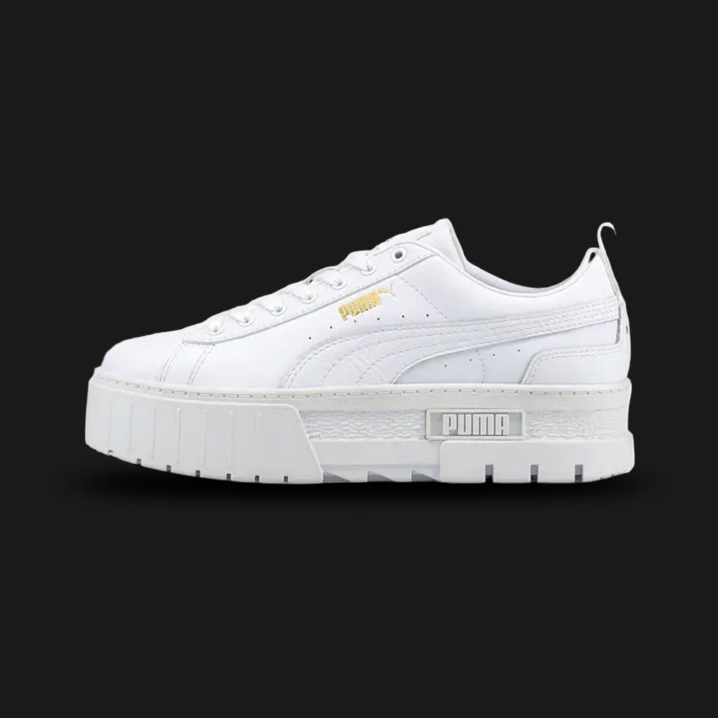 White Puma Mayze Classic Sneakers Women sneaker (Design code: 384209-01) on a white background. Luxuntique offers 100% authentic Puma Mayze platform shoes at the lowest prices in Sri Lanka.