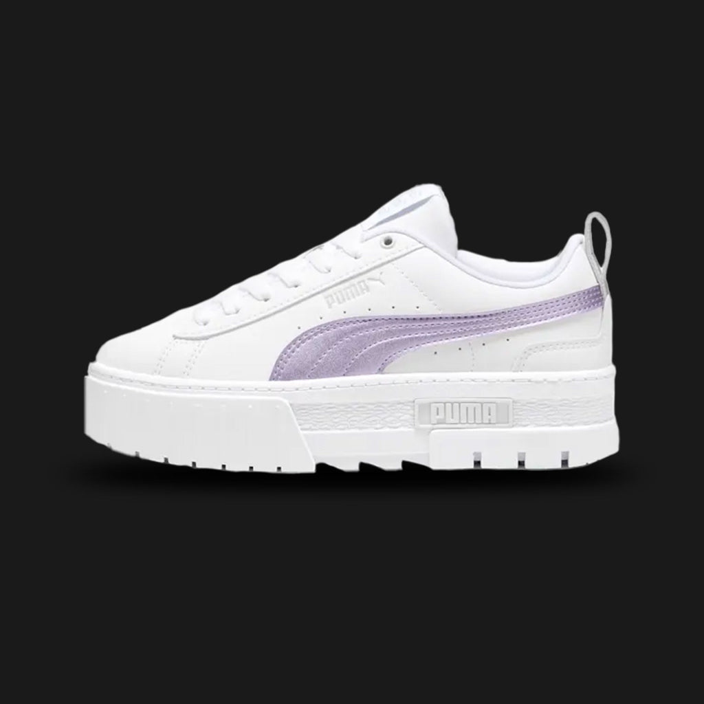 White Puma Mayze Glow-Up Sneakers Women sneaker with purple accents (Design code: 398384-02) on a white background. Luxuntique offers authentic Puma Glow-Up platform shoes at the lowest prices in Sri Lanka.