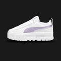 White Puma Mayze Glow-Up Sneakers Women sneaker with purple accents (Design code: 398384-02) on a white background. Luxuntique offers authentic Puma Glow-Up platform shoes at the lowest prices in Sri Lanka.