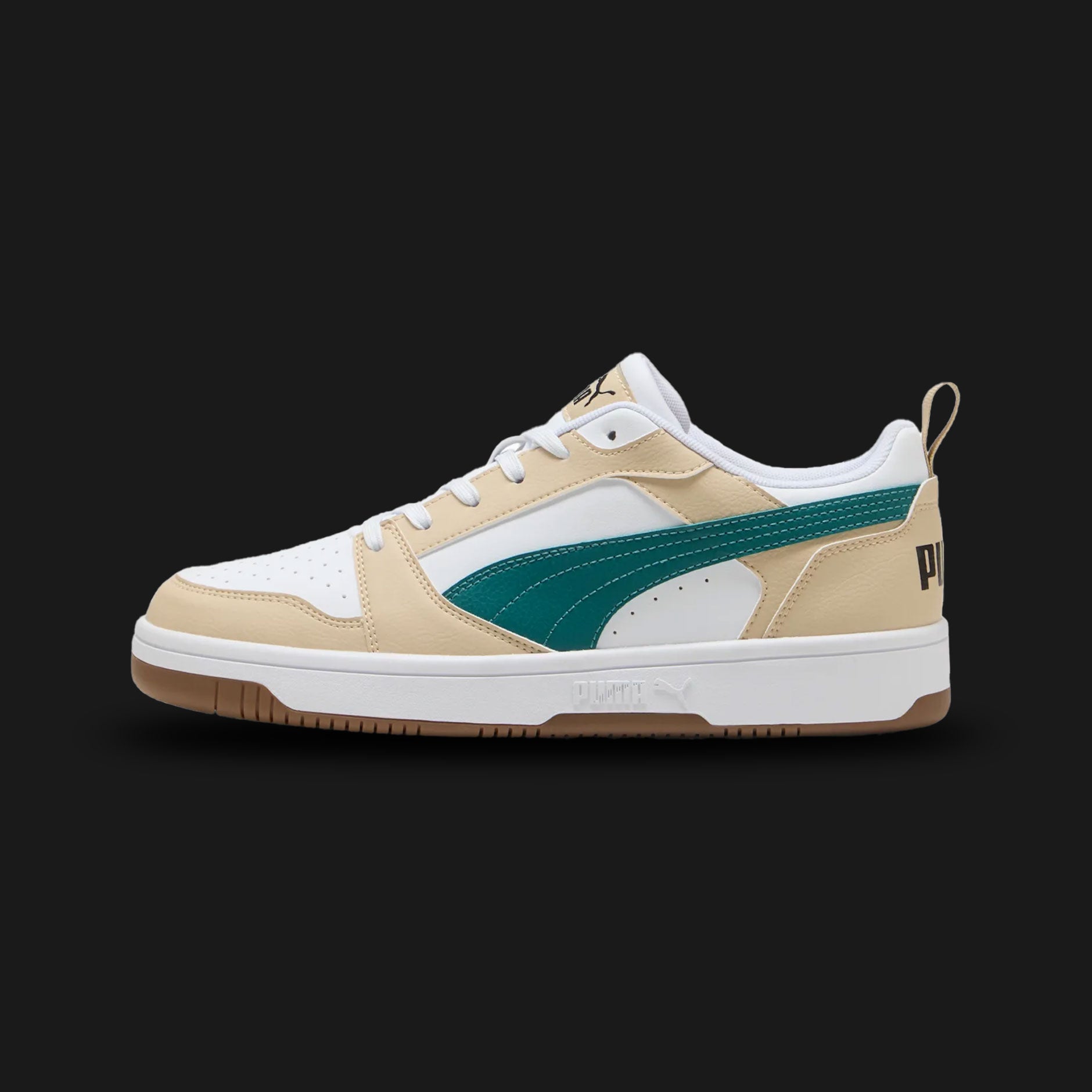 Puma Rebound V6 Low sneakers in Toasted Almond, Emerald Ice, and Puma White (392328_61). Features a retro basketball-inspired low-top silhouette with a durable synthetic leather upper in warm Toasted Almond. Includes a perforated toe box, a comfortable SoftFoam+ sockliner, striking Emerald Ice accents, and a classic white rubber cupsole for everyday street wear. Luxuntique guarantees 100% authentic Puma footwear in Sri Lanka.