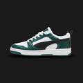 Puma Rebound V6 Low sneakers in Puma White, Puma Black, and Dark Myrtle green (392328_34). Features a retro basketball-inspired low-top silhouette with a durable synthetic leather upper and perforated toe box. Includes a comfortable SoftFoam+ sockliner, striking Dark Myrtle accents, and a classic rubber cupsole for everyday street wear. Luxuntique guarantees 100% authentic Puma footwear in Sri Lanka.