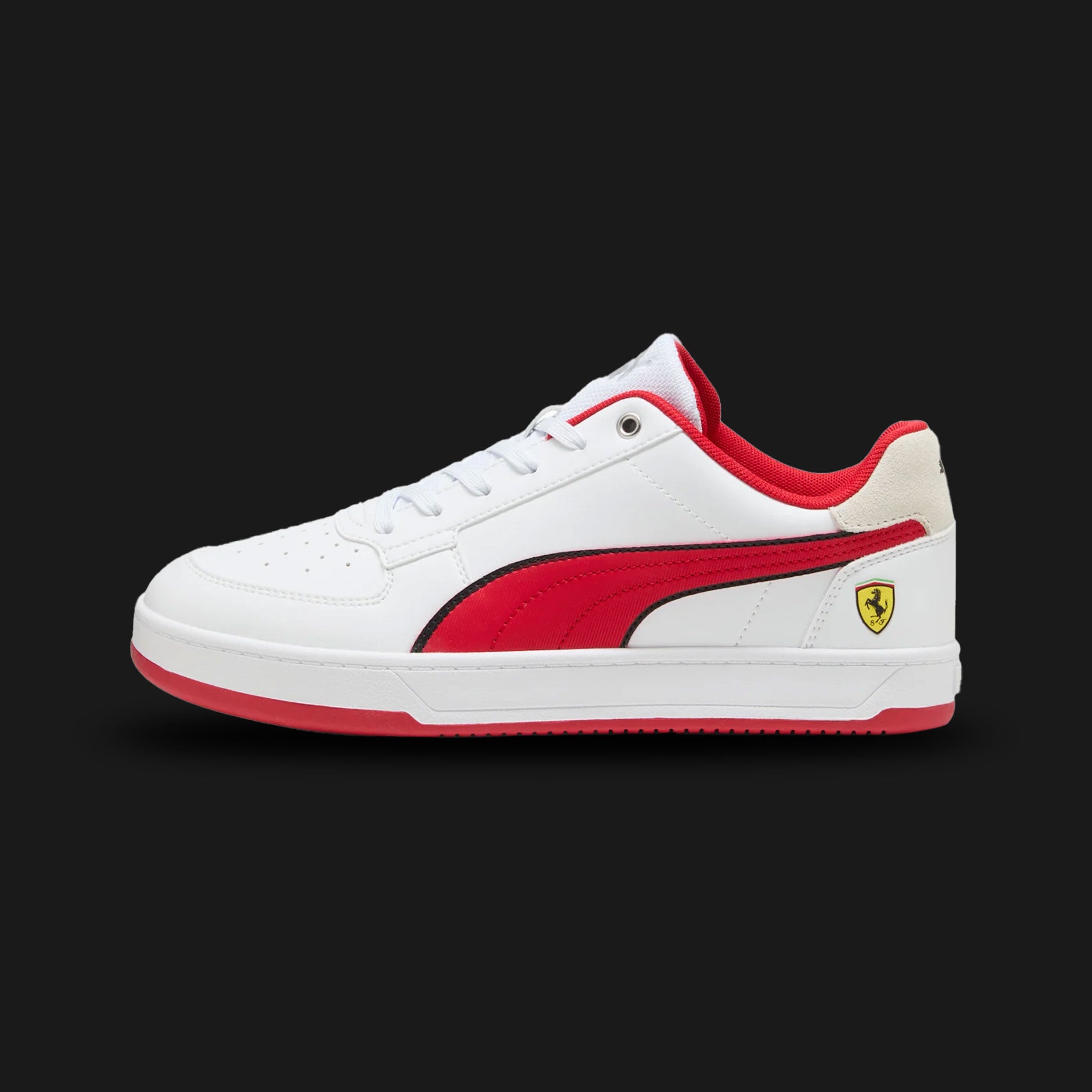 Puma Scuderia Ferrari Caven 2.0 unisex sneakers in Puma White and Rosso Corsa red (308901_02). Features a classic 80s basketball-inspired silhouette infused with motorsport DNA, highlighting a crisp white synthetic leather upper. Includes the iconic Scuderia Ferrari shield, vibrant Rosso Corsa red accents, a stacked rubber midsole, and a comfortable SoftFoam+ sockliner for everyday wear. Luxuntique guarantees 100% authentic Puma footwear in Sri Lanka.
