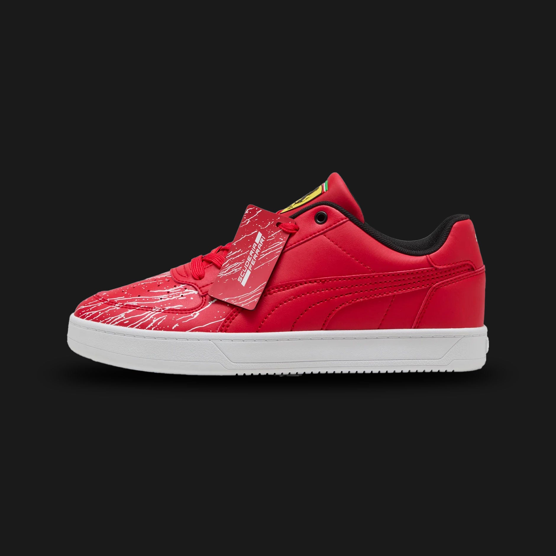 Puma Scuderia Ferrari HP Caven 2.0 Colour unisex sneakers in vibrant Rosso Corsa racing red (308739_01). Features a classic 1980s basketball-inspired low-profile silhouette infused with motorsport DNA. Crafted with a premium synthetic leather upper, clean overlays, the iconic Scuderia Ferrari shield on the heel, and a durable stacked rubber midsole for everyday street comfort. Luxuntique guarantees 100% authentic Puma footwear in Sri Lanka.