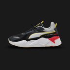 Puma Scuderia Ferrari HP RS-X unisex sneakers in Puma Black and Flat Dark Gray (308622_01). Features a bulky, retro-futuristic RS (Running System) silhouette infused with Scuderia Ferrari HP motorsport DNA. Crafted with a premium mesh, suede, and synthetic upper, highlighting the iconic Ferrari shield, metallic structural overlays, and a chunky cushioned midsole for everyday lifestyle comfort. Luxuntique guarantees 100% authentic Puma footwear in Sri Lanka.