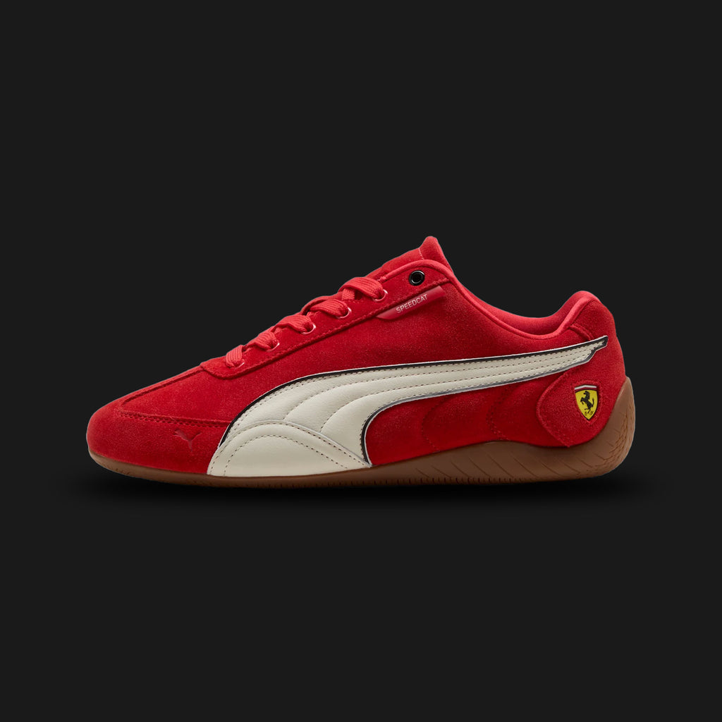 PUMA Scuderia Ferrari Speedcat Unisex sneakers in Rosso Corsa and Vapor Gray (309125_02). Features a premium soft leather upper in iconic Ferrari red with the Scuderia Ferrari shield on the heel. Low-profile tire-tread rubber outsole and Vapor Gray PUMA Formstrip accents. Luxuntique offers 100% authentic PUMA in Sri Lanka.