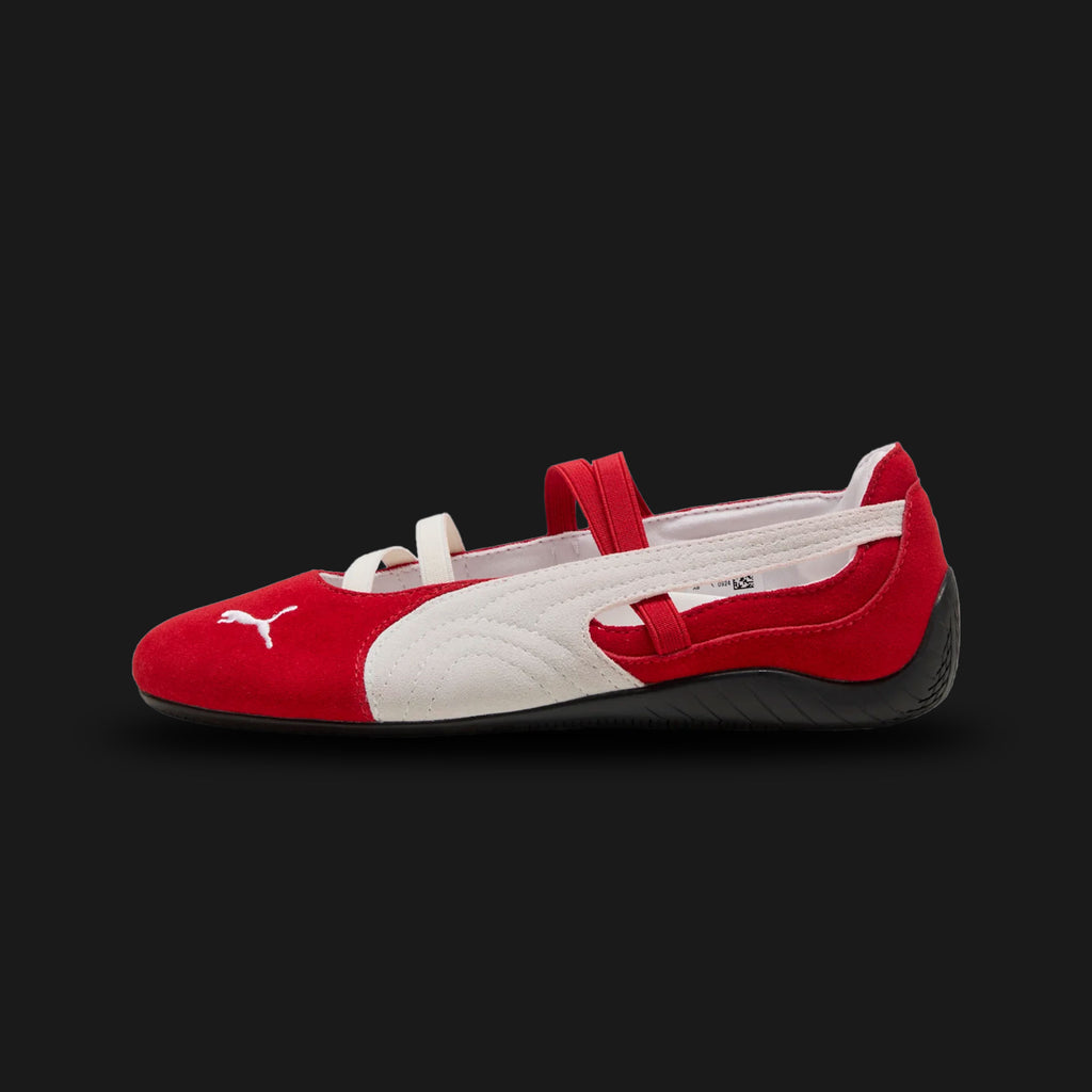 PUMA Speedcat Ballet shoes for women in For All Time Red, PUMA White, and PUMA Black (401287_07). Features a premium red leather upper with a dainty ballet-flat silhouette, ribbon bow detail, and signature white Formstrip. Low-profile tire-tread rubber outsole. Luxuntique offers 100% authentic PUMA in Sri Lanka.