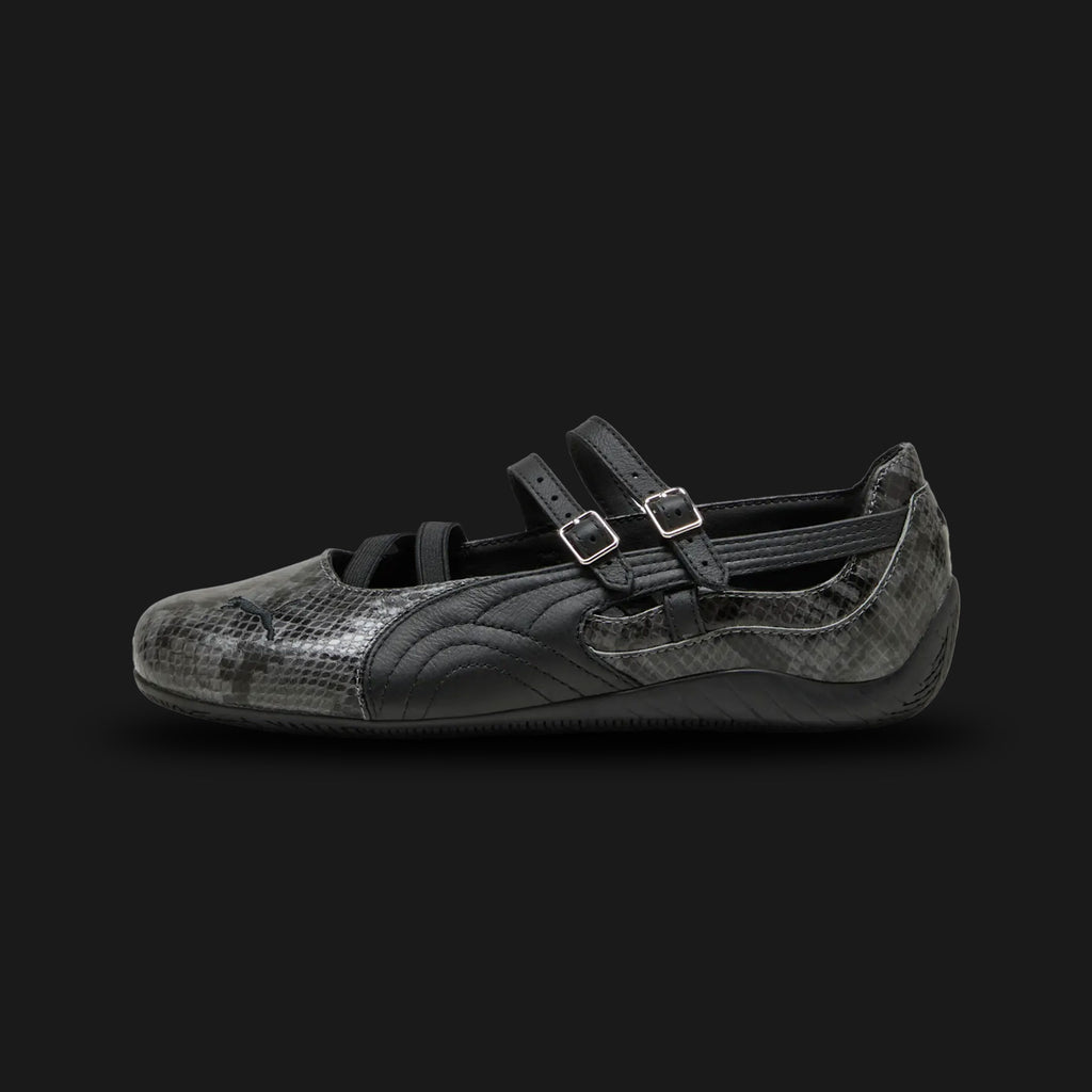 PUMA Speedcat Ballet Snake Print Sneakers for women in Cool Dark Gray and PUMA Black (405326_02). Features a premium dark gray leather upper with textured snakeskin-print Formstrip and a dainty ballet-flat silhouette. Signature low-profile tire-tread rubber outsole in black. Luxuntique offers 100% authentic PUMA in Sri Lanka.