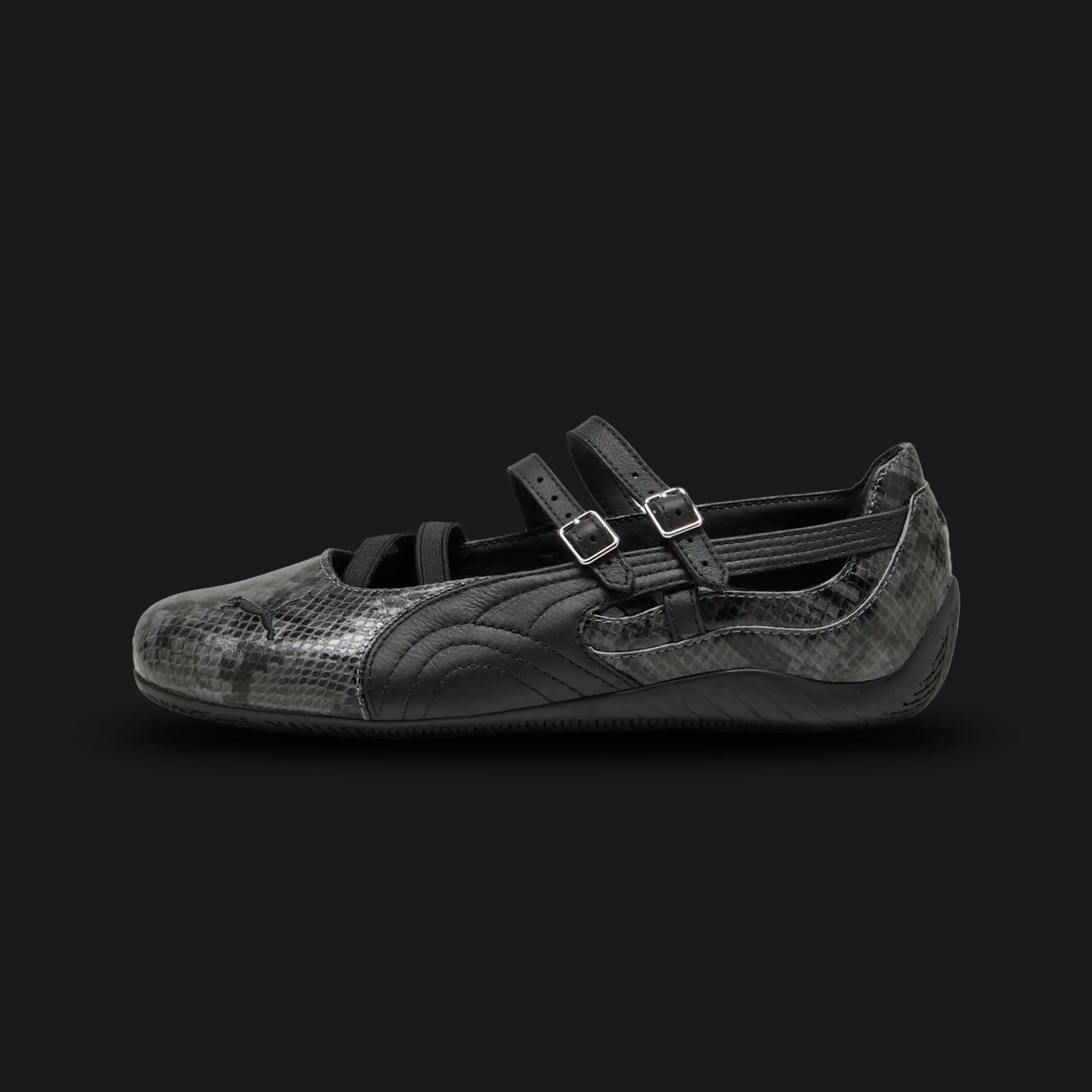 PUMA Speedcat Ballet Snake Print Sneakers for women in Cool Dark Gray and PUMA Black (405326_02). Features a premium dark gray leather upper with textured snakeskin-print Formstrip and a dainty ballet-flat silhouette. Signature low-profile tire-tread rubber outsole in black. Luxuntique offers 100% authentic PUMA in Sri Lanka.