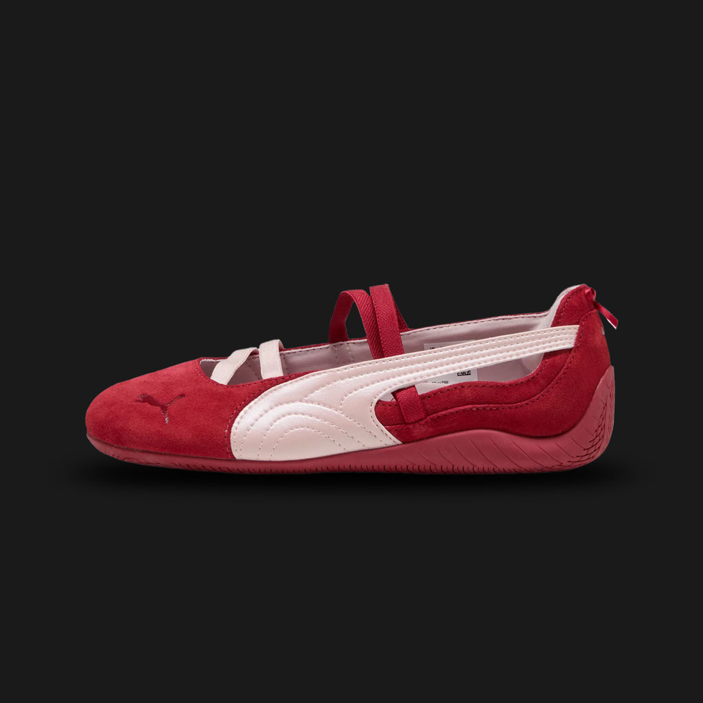 PUMA Speedcat Lovelace Ballet Sneakers for women in Dark Crimson and Mauve Mist (408178_01). Features a premium dark red leather upper with coquette-inspired lacing, ribbon bow accents, and a rounded toe. Signature low-profile tire-tread rubber outsole in Mauve Mist. Luxuntique offers 100% authentic PUMA in Sri Lanka.