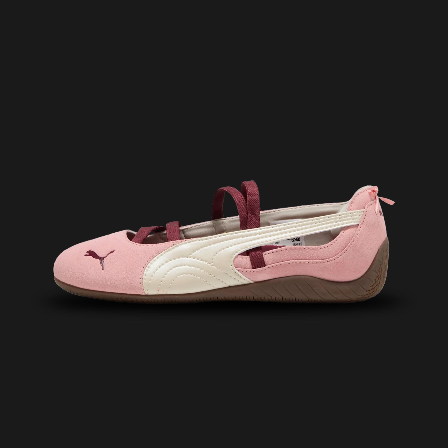 PUMA Speedcat Lovelace Ballet Sneakers for women in Rosy Outlook and Alpine Snow (408178_02). Features a premium pink leather upper with ballet-inspired lace-up detailing, bow accents, and a rounded toe. Signature low-profile tire-tread rubber outsole in Alpine Snow. Luxuntique offers 100% authentic PUMA in Sri Lanka.