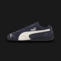 PUMA Speedcat OG Unisex sneakers in New Navy blue and Warm White (398846_38). Features a premium deep navy suede upper with a stitched warm white Formstrip and metallic gold foil PUMA branding. Iconic low-profile tire-tread rubber outsole and rounded driver's heel. Luxuntique offers 100% authentic PUMA in Sri Lanka.