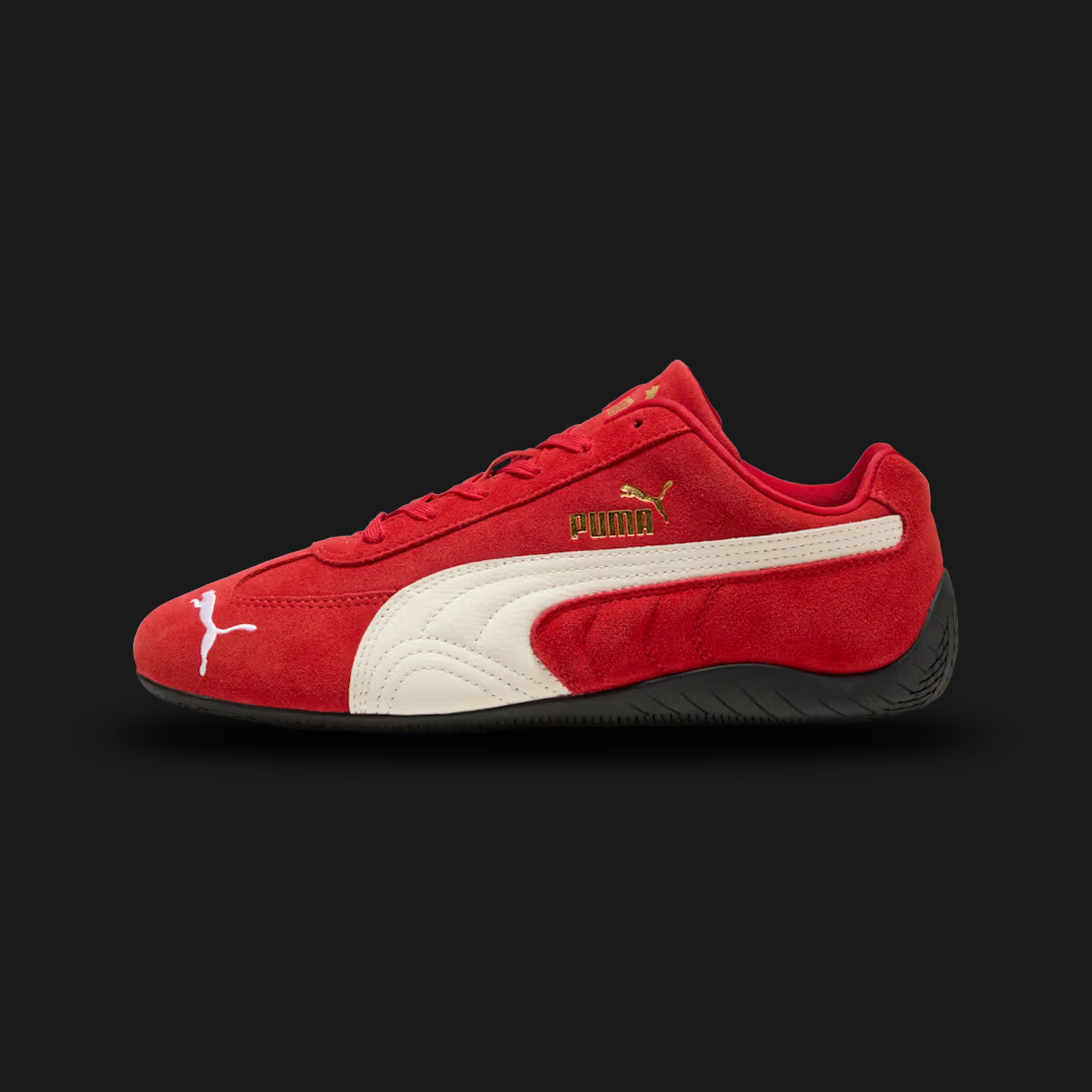 PUMA Speedcat sneakers in For All Time Red and PUMA White (406329_02). Features a premium suede upper, low-profile racing silhouette, iconic leather Formstrip, embroidered Cat logo, and driver's heel rubber outsole. Luxuntique guarantees 100% authentic footwear.