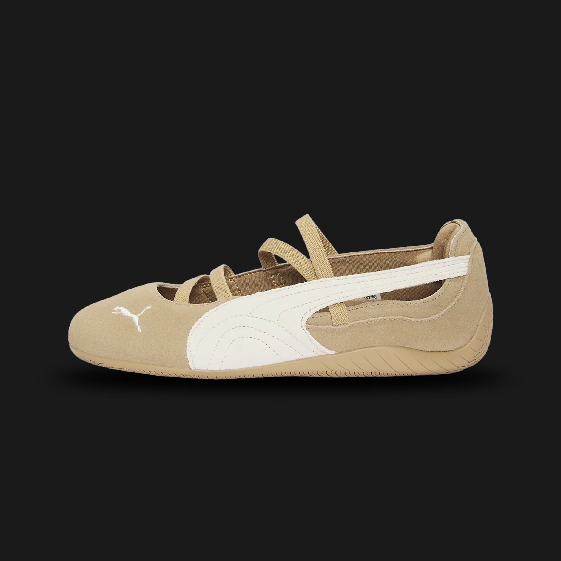 PUMA Speedcat Suede Cafe Women's Ballet Shoes in Prairie Tan and Warm White (406758_01). Features a premium suede upper with a sleek ballet flat silhouette inspired by motorsport heritage. Includes a signature Warm White Formstrip, a low-profile rubber outsole, and embroidered PUMA cat logo on the toe. Luxuntique offers 100% authentic PUMA in Sri Lanka.