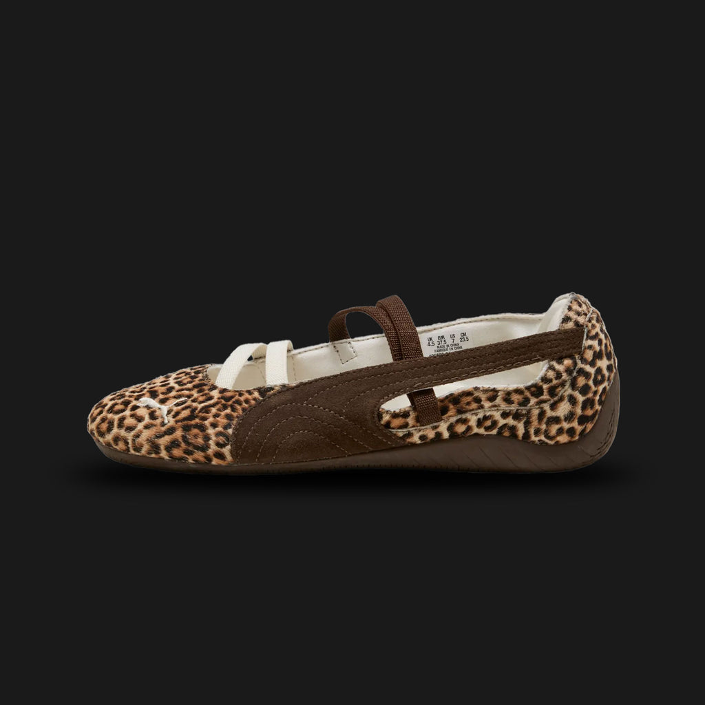 PUMA Speedcat Wild Ballet Sneakers for women in Chocolate brown and Warm White (406689_01). Features a premium chocolate brown leather upper with a dainty ballet-flat silhouette, bow accent, and textured animal-print Formstrip. Low-profile tire-tread rubber outsole. Luxuntique offers 100% authentic PUMA in Sri Lanka.