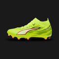 Puma Ultra 6 Match+ FG/AG unisex football boots in Yellow Alert, Puma Black, and Glowing Red (108702_01). Features a lightweight mesh upper with GripControl skin for high-speed ball control. Includes a supportive high-cut knitted collar, sharp Black Puma branding, and a reactive SPEEDPLATE TPU outsole for explosive traction on Firm Ground and Artificial Ground. Luxuntique guarantees 100% authentic Puma footwear in Sri Lanka.