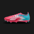 Puma Ultra 6 Match Re-Charge FG/AG unisex football boots in Hero Blue, Sunset Pink, and Garnet Rose (108765_01). Features a lightweight mesh upper with GripControl skin for superior high-speed ball control. Includes a comfortable knitted collar for ankle support, vibrant Sunset Pink accents, and a reactive SPEEDPLATE TPU outsole for explosive traction on Firm Ground and Artificial Ground. Luxuntique guarantees 100% authentic Puma footwear in Sri Lanka.