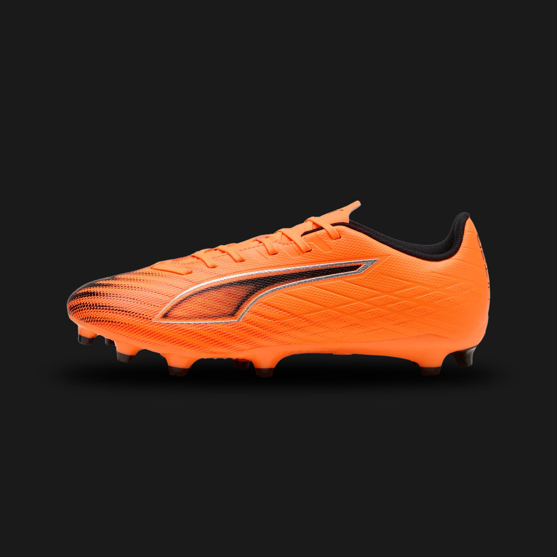 Puma Ultra 6 Play FG/AG unisex football boots in Heat Fire, Puma Black, and Glowing Red (108532_03). Features a lightweight engineered mesh upper with a debossed support frame for stability. Includes PUMA's SPEEDSYSTEM outsole and FastTrax stud design for optimal multidirectional traction on Firm Ground and Artificial Ground. Luxuntique guarantees 100% authentic Puma footwear in Sri Lanka.