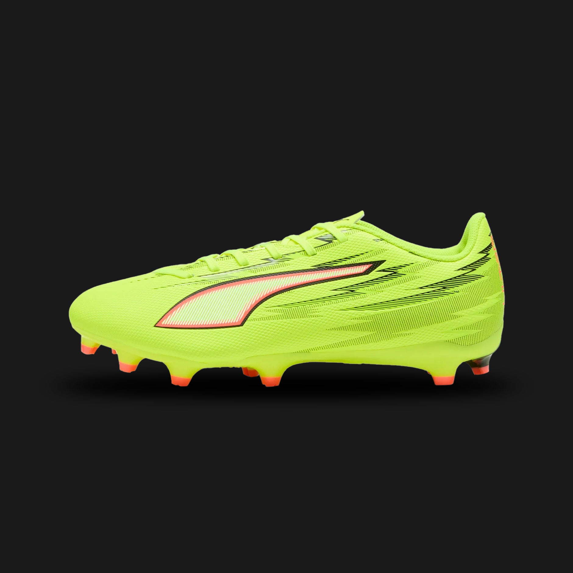 Puma Ultra 6 Play FG/AG unisex football boots in Yellow Alert, Puma Black, and Glowing Red (108704_01). Features a lightweight, durable synthetic upper designed for high-speed play and easy maintenance. Includes classic Puma Black branding, vibrant Lime Squeeze accents, and a versatile TPU speedplate outsole for reliable traction on Firm Ground and Artificial Ground. Luxuntique guarantees 100% authentic Puma footwear in Sri Lanka.