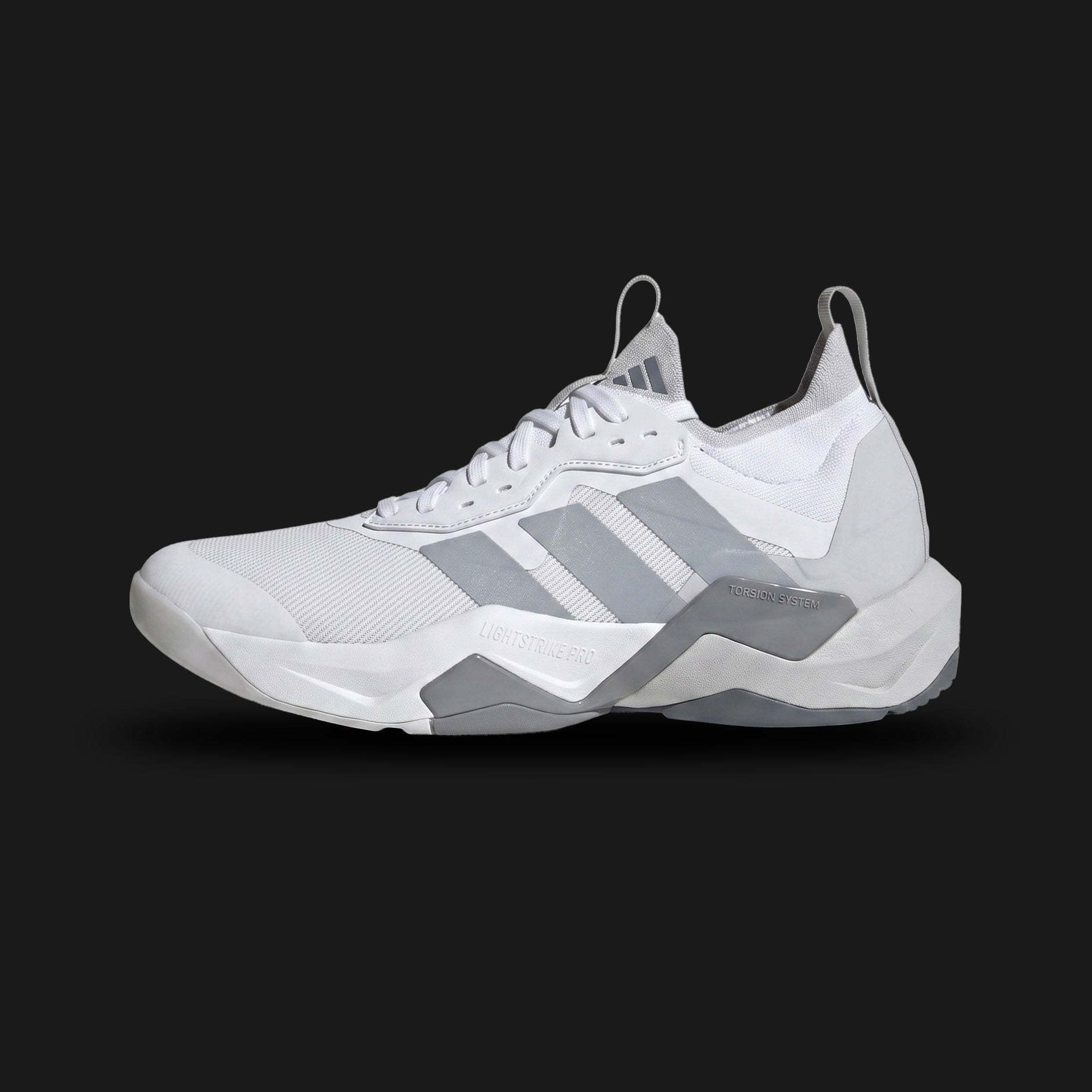 Rapidmove ADV 2 HIIT training shoes in Cloud White, Halo Silver, and Grey (JI4196). Features a breathable knit mesh upper, dynamic lacing support, responsive Lightstrike cushioning midsole, and Continental rubber outsole. Luxuntique guarantees 100% authentic footwear.