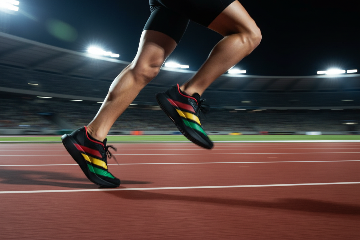 Runner sprinting on floodlit track at night