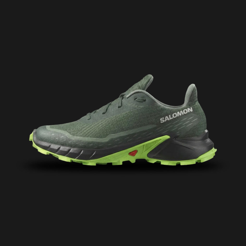 Salomon Alphacross 5 men's trail running shoes in Darkest Spruce, Black, and Gecko Green (Design Code: L47311700). Featuring deep, aggressive Mud Contagrip lugs for maximum traction on loose or muddy terrain and a soft Fuze Foam midsole for eco-friendly cushioning and comfort. Luxuntique offers 100% authentic Salomon trail sneakers at the lowest price in Sri Lanka.