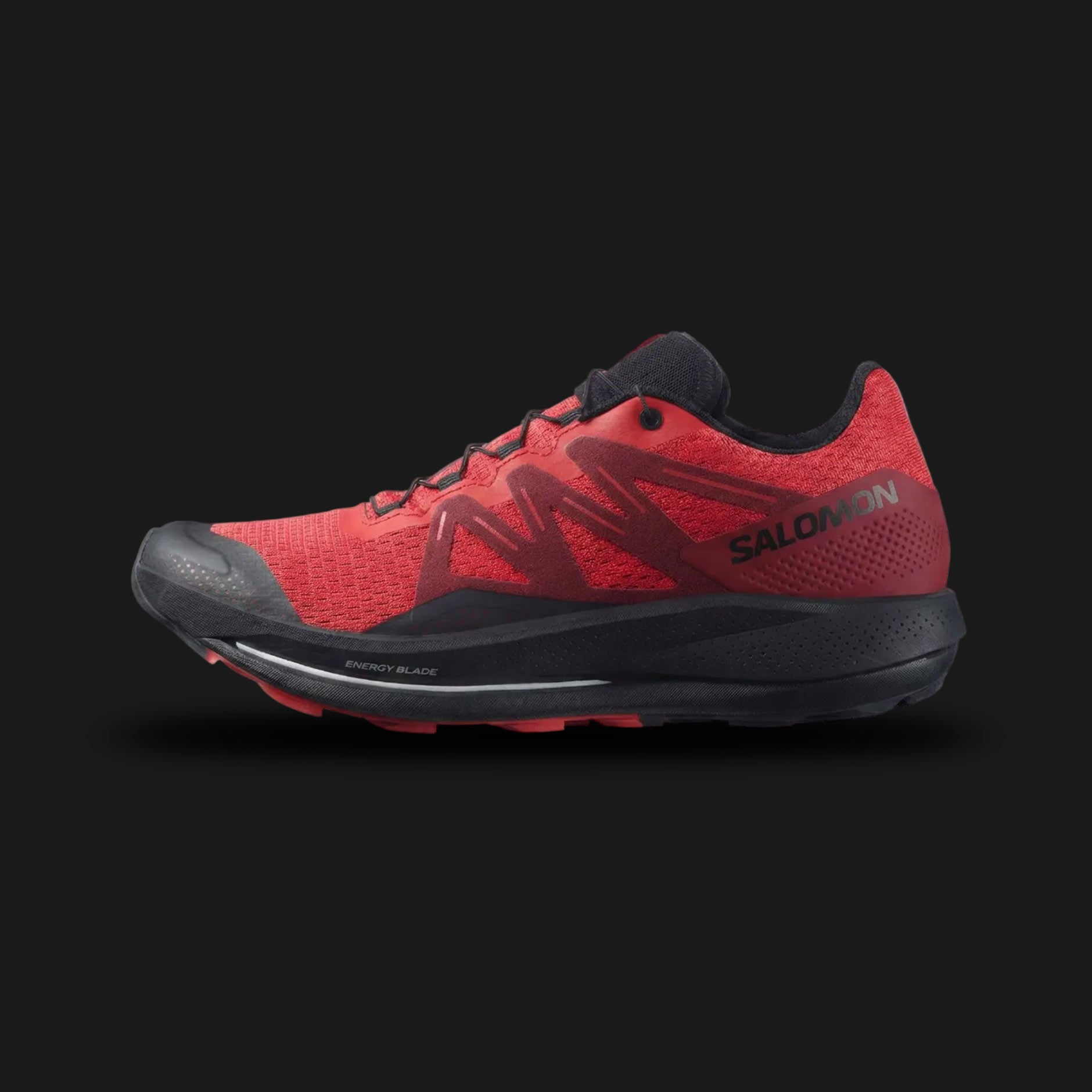 Salomon Pulsar Trail men's trail running shoes in Poppy Red, Biking Red, and Black (Design Code: L41602900). Featuring Energy Blade Trail technology for forward propulsion, a high-rebound Energy Foam midsole, and All Terrain Contagrip for confidence on wet or dry surfaces. Luxuntique offers 100% authentic Salomon Pulsar sneakers at the lowest price in Sri Lanka.