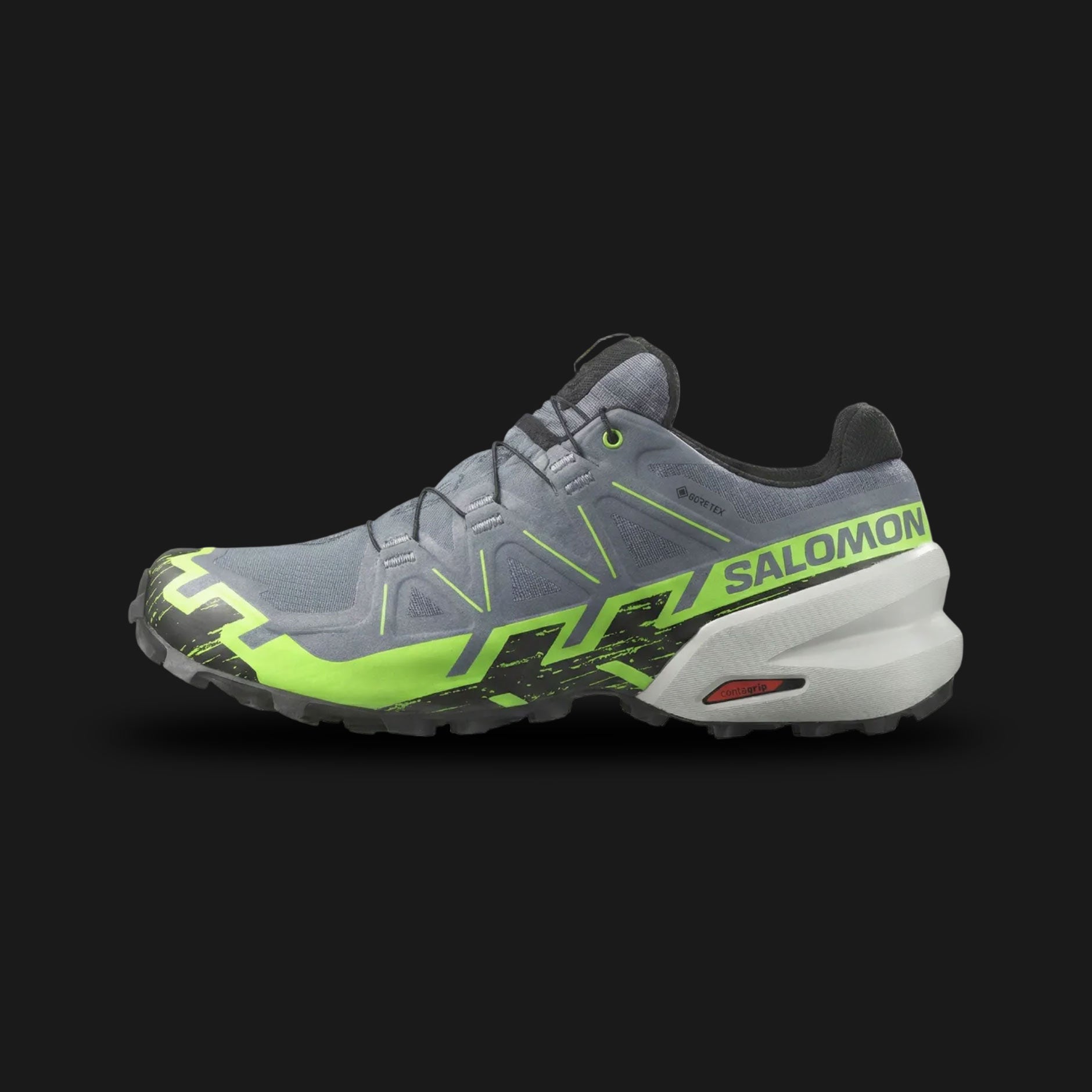 Salomon Speedcross 6 GTX men's waterproof trail running shoes in Flint Stone gray, Green Gecko, and Black (Design Code: L47301900). Featuring a breathable GORE-TEX membrane, an aggressive Mud Contagrip outsole with deep chevron lugs, and a SensiFit upper for a secure foothold. Luxuntique offers 100% authentic Salomon GORE-TEX sneakers at the lowest price in Sri Lanka.