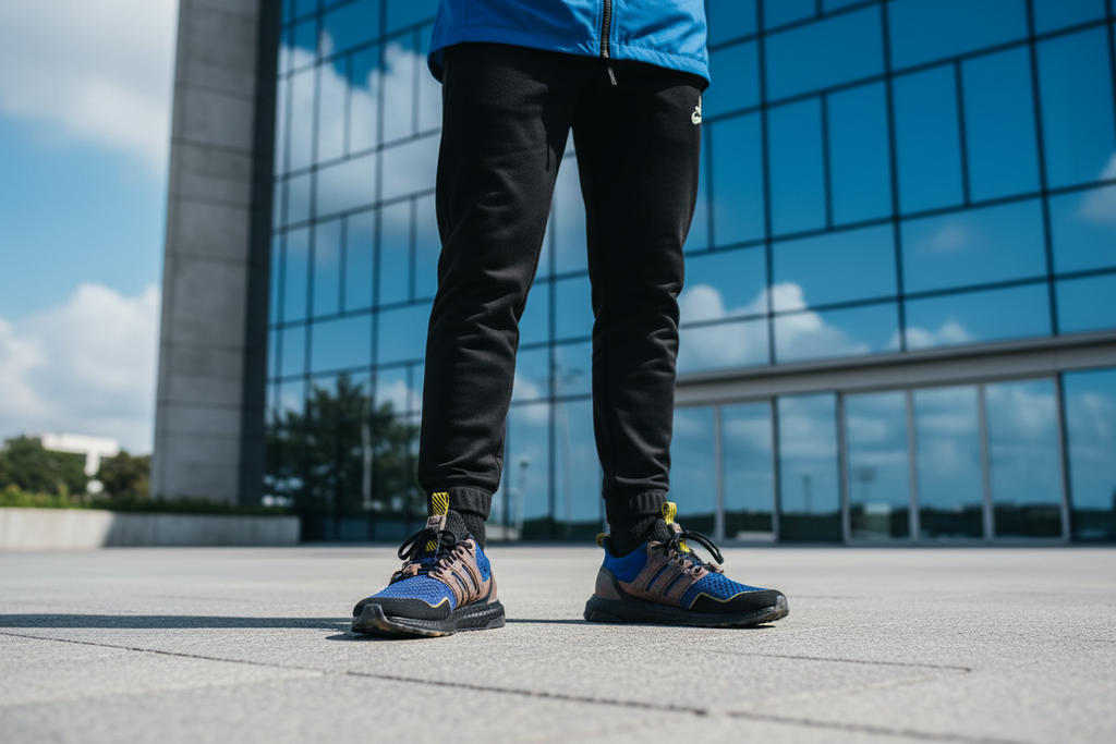 Streetwear editorial - Adidas Ultraboost 1.0 Fortnite outside modern Colombo building