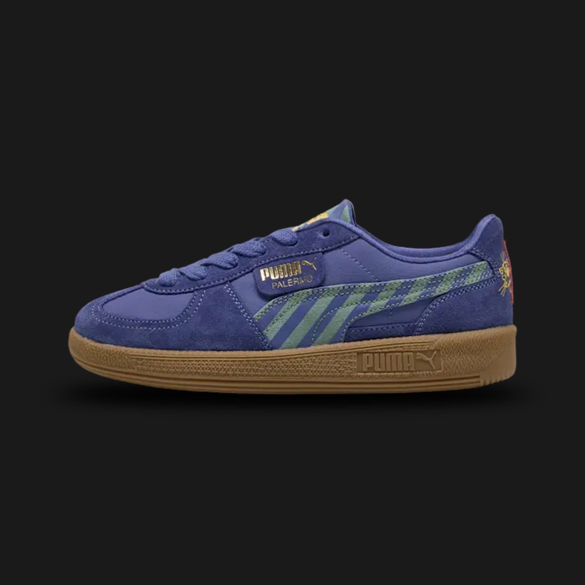 SUPER PUMA Palermo Youth sneakers in Blue Crystal and Green Moon (Design Code: 401502-01). Featuring a soft light blue suede upper, a vibrant lime Green Moon PUMA Formstrip, and a classic gum rubber outsole. Detailed with retro "Super Puma" character branding on the tongue. Luxuntique offers 100% authentic PUMA Palermo collaborations at the lowest price in Sri Lanka.