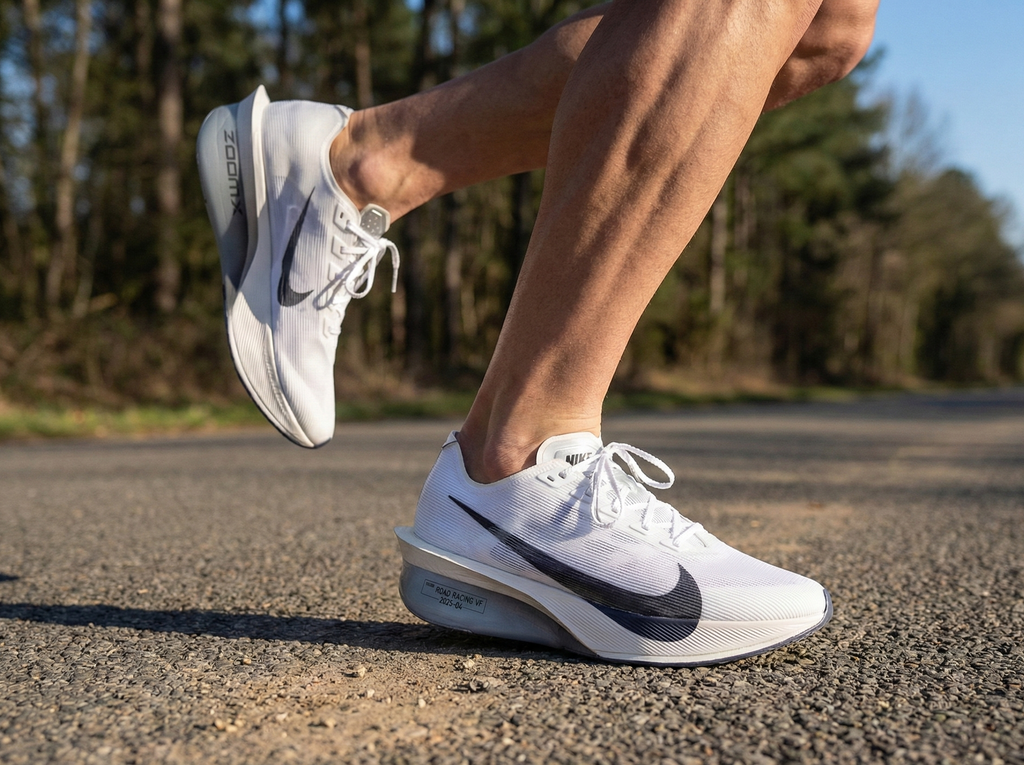 Person wearing white Nike Vaporfly 4 on a road with trees in the background Sri Lanka