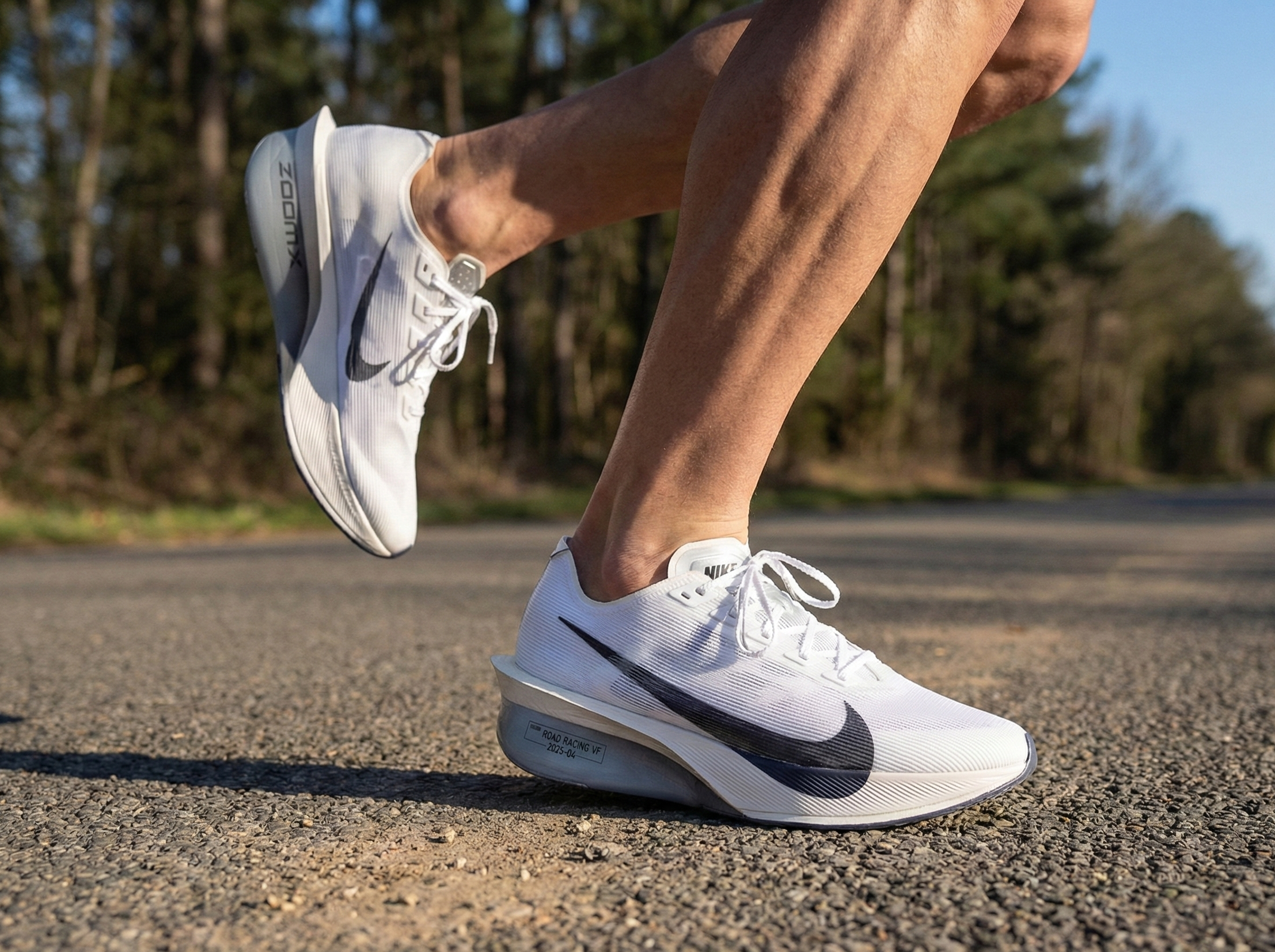 Person wearing white Nike Vaporfly 4 on a road with trees in the background Sri Lanka