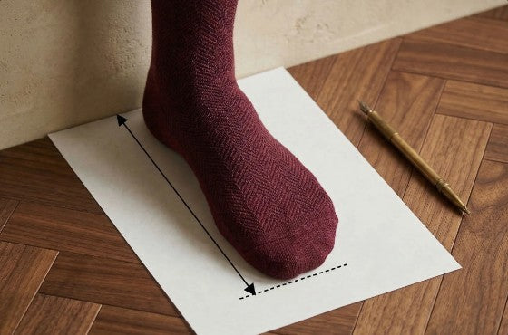 Foot on paper against a wall, measured from heel to longest toe
